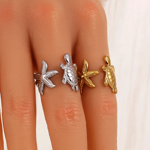 Stainless Steel Open Ring Marine Sea Turtle Starfish Adjustable Gold Silver Plated Vacation Fashion Jewelry For Women