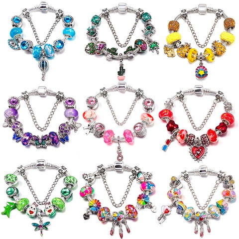 Pulsera de Cuentas DIY Charm para Mujer Aleación Diamantes de Imitación Perlas de Vidrio Colgantes de Corazón Mariposa Joyería