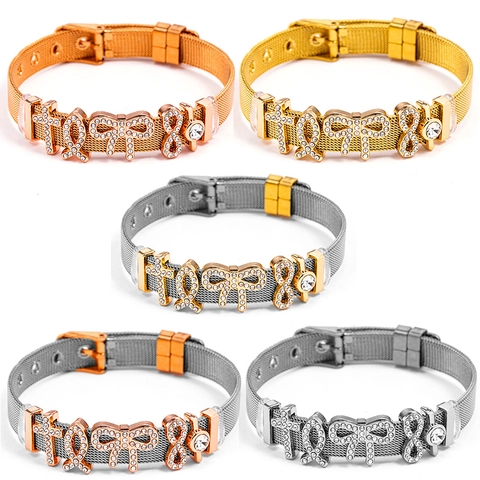 Verstelbare Roestvrij Stalen Mesh Armband Voor Vrouwen Goud Zilver Strass Strik Oneindigheid Kruis Hart Bedeltjes Valentijnsdag Sieraden Cadeau
