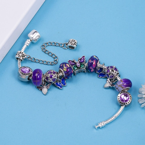 Pulsera de Cuentas DIY Charm para Mujer Aleación Diamantes de Imitación Perlas de Vidrio Colgantes de Corazón Mariposa Joyería