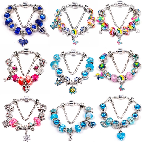 Women DIY Beaded Charm Bracelet Alloy Colorful Glass Crystal Butterfly Heart Pendants Snake Bone Chain Jewelry Gift