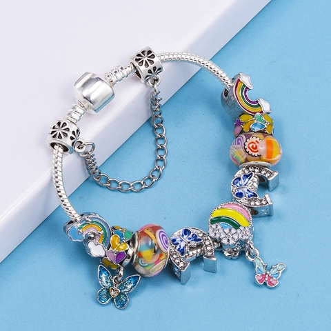 Women DIY Beaded Charm Bracelet Alloy Colorful Glass Crystal Butterfly Heart Pendants Snake Bone Chain Jewelry Gift