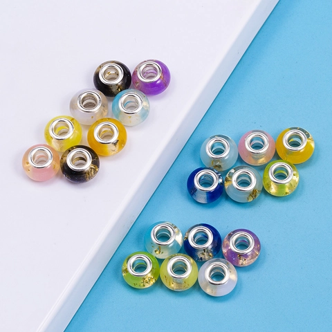 Cuentas de Resina de Colores con Agujero Grande Núcleo de Metal Pan de Oro para Pulseras y Collares Estilo Pandora DIY