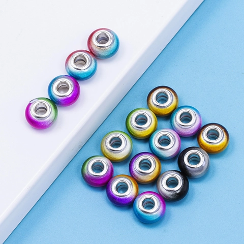 Gradient Resin Large Hole Spacer Beads Metal Core Charms For DIY Bracelet Necklace Making Jewelry Accessories Glitter Ombre Beads