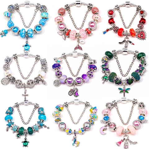 Women's Fashion DIY Charm Bracelet With Colorful Beads Heart Animals Pendants Alloy Rhinestone Snake Chain Jewelry Gift For Party