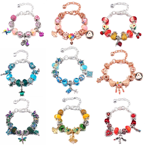 DIY Charm Bracelet Alloy Rhinestone Colorful Glass Beads Heart Pendant Bracelet For Women Romantic Jewelry Valentine Gift