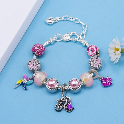 DIY Charm Bracelet Alloy Rhinestone Colorful Glass Beads Heart Pendant Bracelet For Women Romantic Jewelry Valentine Gift