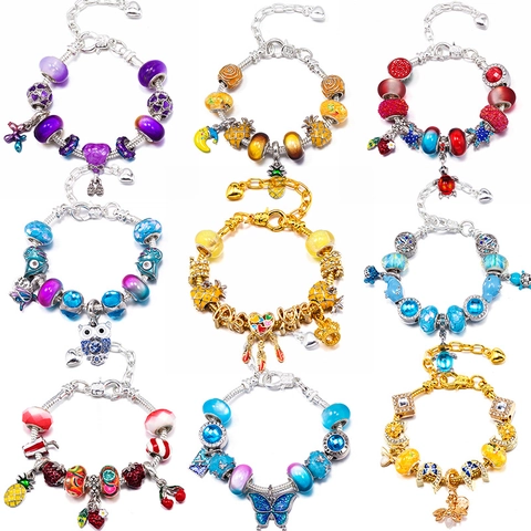 Women DIY Multicolor Crystal Enamel Charm Bracelet Alloy Rhinestone Heart Butterfly Fruit Snake Chain Fashion Jewelry Gift