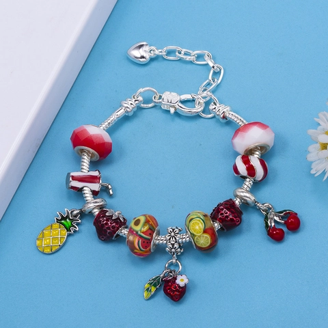 Women DIY Multicolor Crystal Enamel Charm Bracelet Alloy Rhinestone Heart Butterfly Fruit Snake Chain Fashion Jewelry Gift