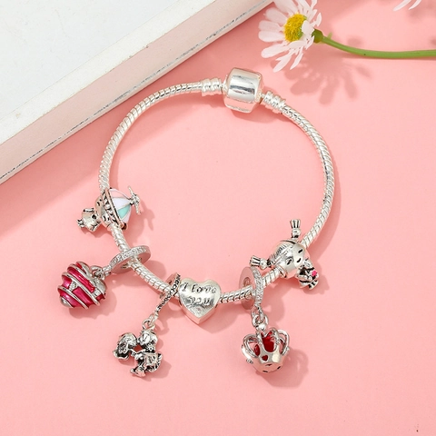 Verzilverde Legering Charm Armband Hart Kroon Emaille Hangers Romantische Slangenketting Valentijnsdag Sieraden Voor Dames Meisjes