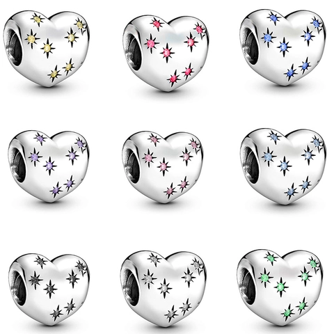 Silver Alloy Heart Charm Bead With Starburst Star Engraving Colorful Rhinestone For DIY Jewelry Bracelet Making Women