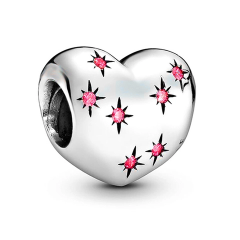 Silver Alloy Heart Charm Bead With Starburst Star Engraving Colorful Rhinestone For DIY Jewelry Bracelet Making Women