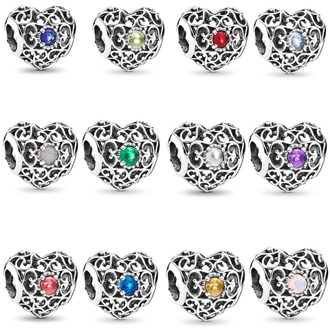 Heart Filigree Charms For Bracelet DIY Making Alloy Crystal Zodiac Bead Pendant Women Jewelry Accessory