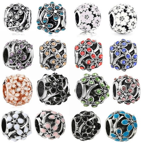 Vintage Metal Enamel Rhinestone Daisy Flower Charms Large Hole Beads For DIY Bracelet Necklace Making Women Fashion Jewelry