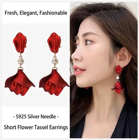 Korean Fashion Flower Petal Dangle Earrings With 925 Sterling Silver Earring Post Artificial Pearl Long Matte Elegant Jewelry For Women Wedding Party