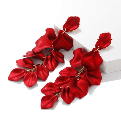 Fashion Long Rose Petal Tassel Drop Earrings For Women Matte Lacquer Alloy Floral Leaf Dangle Earrings Wedding Party Jewelry