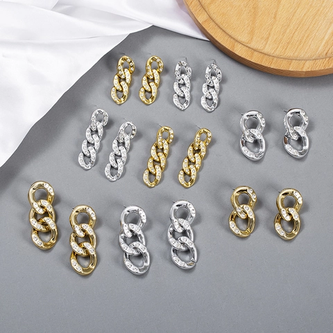 Fashion Alloy Rhinestone Chain Link Dangle Earrings With 925 Sterling Silver Post Gold Silver Plated Cuban Hoop Earrings Women Jewelry