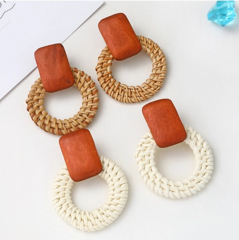 Bohemian Geometric Wood Rattan Drop Earrings For Women Fashion Vintage Handmade Weaving Round Circle Wood Dangle Earrings Gift