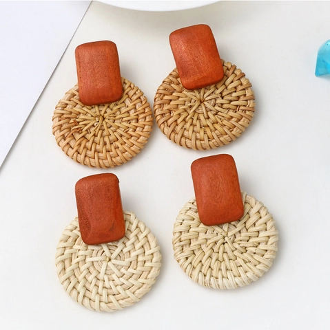 Bohemian Geometric Wood Rattan Handwoven Drop Earrings Vintage Ethnic Style Natural Fiber Artificial Pearl Dangle Earrings For Women