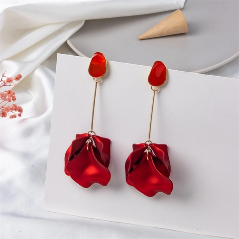 Retro Multi Layer Matte Resin Petal Drop Earrings For Women Elegant Alloy Long Flower Dangle Earrings Jewelry Accessory