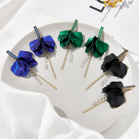 Fashion 925 Sterling Silver Post Alloy Rhinestone Petal Drop Earrings With Long Tassel For Women Jewelry Party Accessory