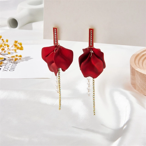 Vintage Alloy Petal Tassel Earrings For Women Elegant Rhinestone Crystal Beads Long Dangle Drop Earrings Vacation Party Jewelry Gift