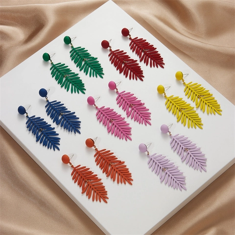 Women Bohemian Matte Tropical Leaf Dangle Earrings With 925 Sterling Silver Post Colorful Spray Paint Plant Vacation Jewelry