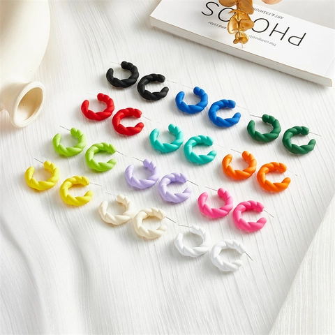 Matte Acrylic Twisted C-Shaped Stud Earrings Geometric Braided Hoop Earrings Colorful Candy Color Jewelry For Women
