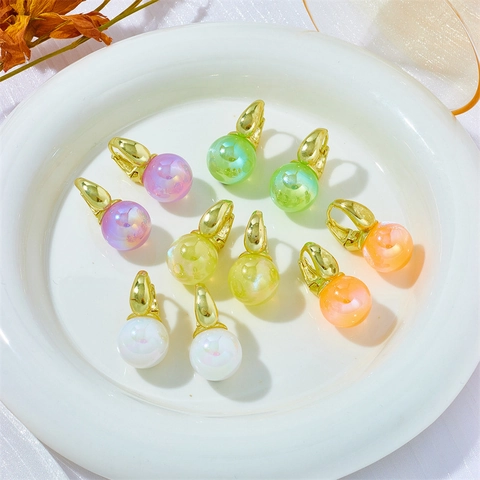 Fashion Mermaid Artificial Pearl Hoop Earrings Gradient Color Round Bead Ear Buckle Resin Copper Elegant Jewelry For Women Daily Wear