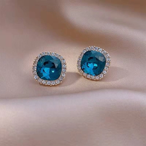 Blue Square Crystal Stud Earrings With 925 Sterling Silver Earring Post Alloy Zirconia Halo Geometric Jewelry For Women