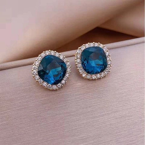 Blue Square Crystal Stud Earrings With 925 Sterling Silver Earring Post Alloy Zirconia Halo Geometric Jewelry For Women