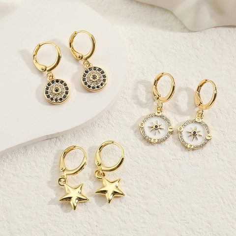Orecchini Pendenti Stella Bussola Malocchio in Rame Placcato Oro Donna Gioielli Geometrici Personalizzati con Zirconi