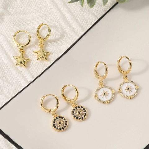 Orecchini Pendenti Stella Bussola Malocchio in Rame Placcato Oro Donna Gioielli Geometrici Personalizzati con Zirconi