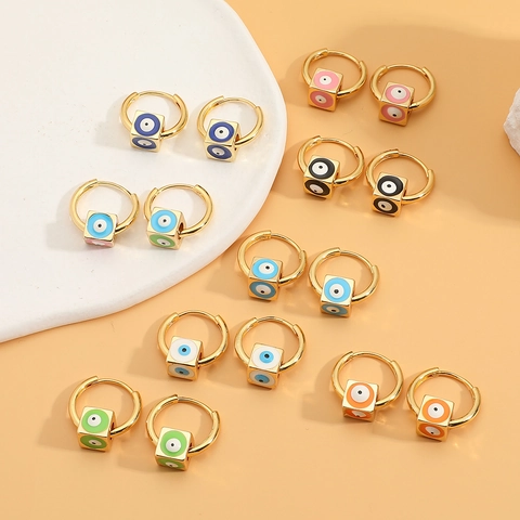 Fashion Square Cube Evil Eye Hoop Earrings For Women Hip Hop Copper Gold Plated Enamel Dangle Earrings Jewelry Gift