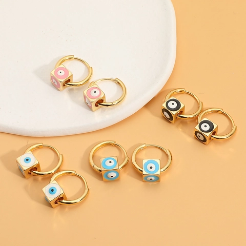 Fashion Square Cube Evil Eye Hoop Earrings For Women Hip Hop Copper Gold Plated Enamel Dangle Earrings Jewelry Gift