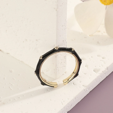 Anillo Abierto Colorido de Cobre Minimalista para Mujer Incrustado con Circonia Estilo Bambú Ondulado Anillo Ajustable Joyería