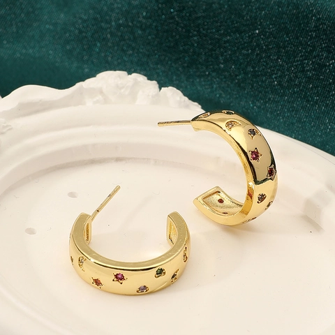 Pendientes de Botón de Circón Chapados en Oro de Cobre en Forma de C Vintage Pendientes de Media Luna Estrella Mujer