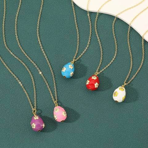 Vintage Gold Plated Copper Enamel Egg Pendant Necklace With Zirconia Flower For Women Easter Jewelry Drip Oil Neckchain