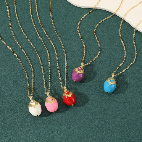 Vintage Copper Egg Pendant Necklace Gold Plated Zirconia Enamel Colorful Jewelry For Women Easter Gift Unique Accessory