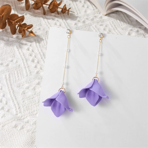 925 Sterling Silver Earring Post Acrylic Petal Flower Dangle Earrings Artificial Pearl Rhinestone Long Tassel Jewelry For Women