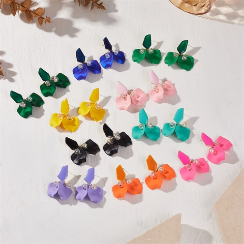 Korean Style Matte Petal Drop Earrings Candy Color Enamel Flower Alloy Rhinestone Earrings Elegant Fashion Jewelry For Women