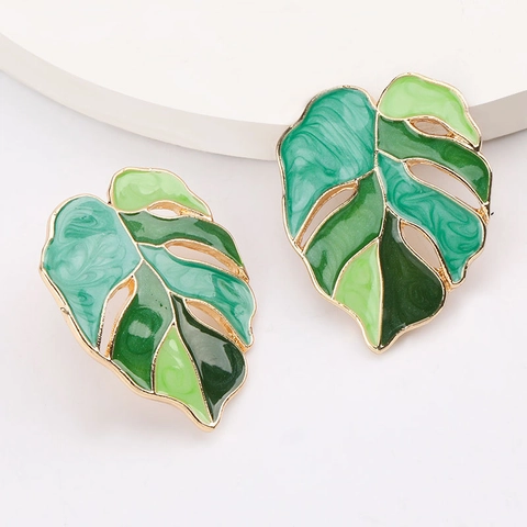 Simple Fashion Alloy Monstera Leaf Enamel Earrings For Women Tropical Style Green Purple Gradient Plant Jewelry Gift