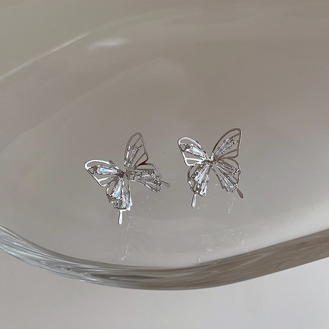 Butterfly Stud Earrings Alloy With 925 Sterling Silver Earring Post Zircon Rhinestone Simple Elegant Jewelry For Women