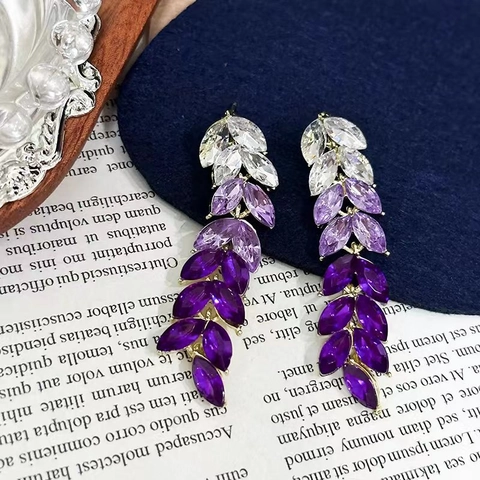 Alloy Rhinestone Tassel Drop Earrings Long Marquise Leaf Gradient Crystal For Wedding Party Women Silver Earring Post