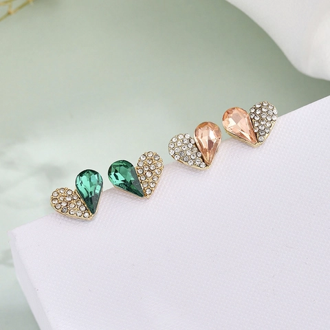 Fashion Asymmetric Heart Stud Earrings Alloy Emerald Zirconia Gold Plated Earrings With Silver Earring Post For Women Jewelry