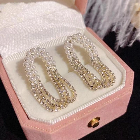 Hepburn French Style Artificial Pearl Rhinestone Tassel Dangle Earrings 925 Sterling Silver Post Multi Layer Drop Jewelry For Women