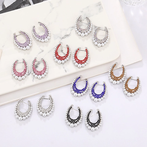 Luxurious Alloy Geometric U-Shaped Earrings With Artificial Pearl And Colorful Rhinestone Exaggerated Vintage Jewelry For Women