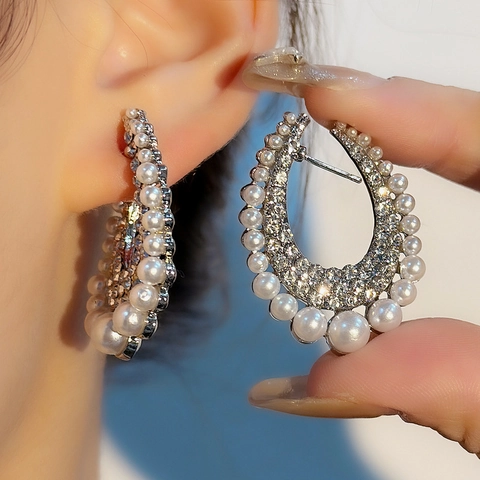 Fashion Oversized Alloy Hoop Earrings With Artificial Pearls And Pave Rhinestones For Women Geometric Electroplated Jewelry