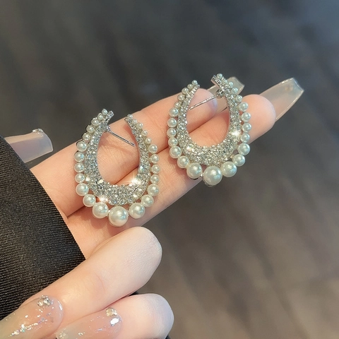Fashion Oversized Alloy Hoop Earrings With Artificial Pearls And Pave Rhinestones For Women Geometric Electroplated Jewelry