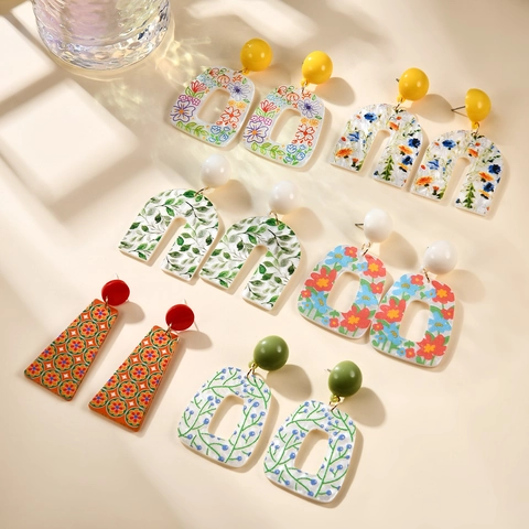 Exaggerated Fashion Acrylic Printed Floral Drop Earrings European Style Bohemian Petal Leaf Ear Jewelry for Women